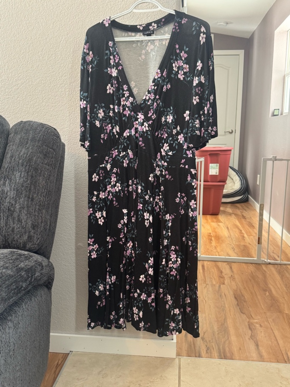 torrid Black Midi Dress with Pink Floral Print